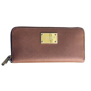 MICHAEL KORS BROWN LEATHER ZIP AROUND WALLET WITH GOLD TRIM